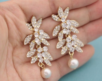 Pearl drop Bridal earrings ivory pearl earrings rose gold earrings wedding earrings dangle wedding chandelier earrings Rhinestone earrings