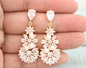 Gold Bridal Pearl Earrings Rose Gold Cz Wedding Jewelry earrings Silver Bridal pearl earrings Wedding earrings Bridesmaid jewelry earrings