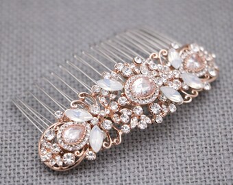 Bridal Hair Clips and Combs Wedding Rose Gold Hair Comb White opal Wedding hair comb Rhinestone side comb Wedding hair jewelry Bridal comb
