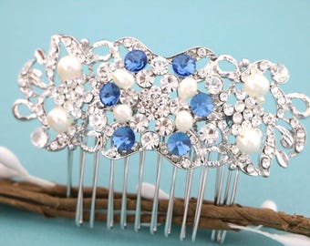 Silver Wedding comb Fresh water pearl Wedding comb Bridal hair jewelry Navy blue Wedding hair piece Blue hair jewelry Side bridal headpiece