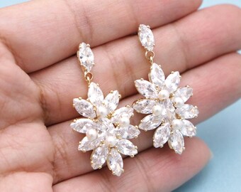 wedding earrings pearl gold Crystal earrings Rose gold earrings Silver