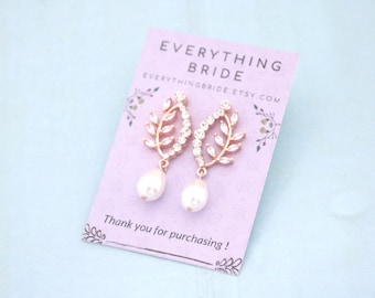 Rose Gold Wedding Earrings, Pearl Drop CZ Bridal Jewelry Gold Crystal earrings pearl wedding jewelry Long Pearls Earrings dangle earrings
