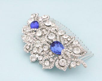 Rhinestone Bridal Hair Comb Navyblue Wedding Hairpiece Silver Bridal hair clip Crystal Brida hair accessories Wedding hair jewelry Blue comb