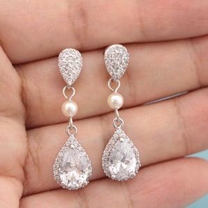bridal earrings drop pearl Something Blue Earrings Blue Navy Crystal Earrings Bridesmaid earrings CZ Wedding earrings Silver Earrings Boho