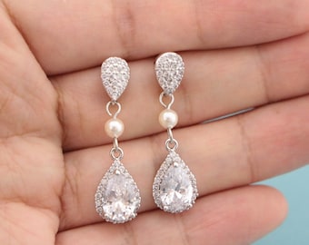 bridal earrings drop pearl Something Blue Earrings Blue Navy Crystal Earrings Bridesmaid earrings CZ Wedding earrings Silver Earrings Boho