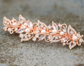pearl and crystal wedding hairpiece Rose gold bridal hair comb side Wedding hair barrette Gold veil clip Wedding hair jewelry Bridal hairpin