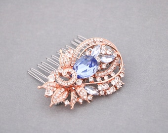bridal comb hairpiece bohemian Rose gold Wedding hair comb Navy blue Wedding hair jewelry Bridal hair accessories for bun Bridal hair comb