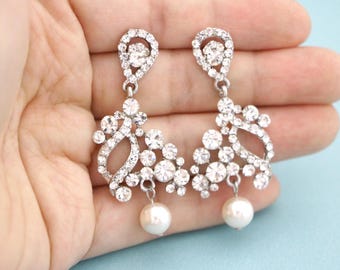 Pearl Bridal Earrings:Crystal Rhinestone Dangle, Silver Tone,Gold tone or Rose gold Wedding earrings Crystal earrings Bridesmaid earrings