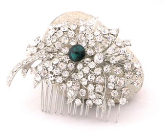 Silver Crystal Bridal Hair Comb, Emerald Green Wedding Hair Piece Bridesmaid headpiece Bridal hair clip Rhinestone hair comb Navy blue comb