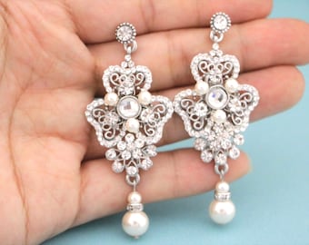 Pearl Chandelier Wedding Earrings: Long Bridal Jewelry Gold wedding earrings dangle earrings Rose gold Bridal earrings Pearl drop earrings