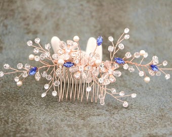 Rose Gold Crystal Pearl Hair Comb, Bridal Headpiece Royal Blue Crystal Rhinestone Hair Accessory Navy blue Wedding hair vine Bridal hairclip