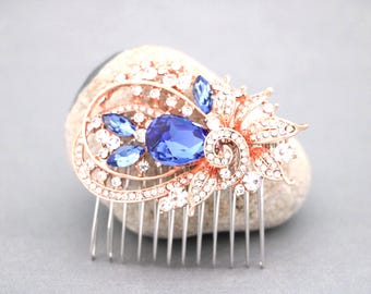 Crystal Bridal Hair Comb: Silver Tone, Navy Blue, Wedding Accessories Rose gold Wedding hair clip Bridal hair piece Sapphire Blue hair comb