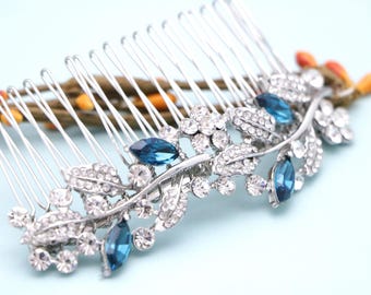 Gold Navy Blue Crystal Bridal Hair Comb, Rhinestone Wedding Headpiece Rose gold Bridal hair clip Wedding hair accessories Bridal comb Blue