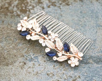Rose gold Wedding hair comb Blue hair jewelry Wedding hair clip Bridal hair accessories for bun Gold veil comb Light Sapphire hair comb Boho