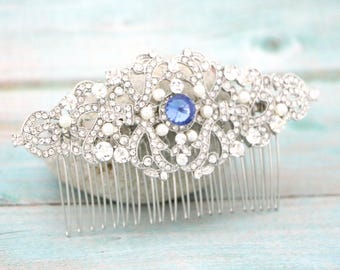 Rhinestone Pearl Wedding Hairpiece Sapphire Blue Wedding hair comb Rhinestone Bridal hair clip Wedding hair accessories Bridal hair comb