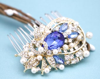 Silver Crystal Wedding Hair Comb, Navy Rhinestone Bridal Headpiece Sapphire Wedding hair clip Bridal hair accessories Wedding blue comb Gold