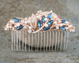Crystal and Pearl Bridal Comb Rose Gold Bridal Headpieces Blue Hair Accessories Gold Sparkle Crystal Hair Comb Navy blue Wedding hair comb