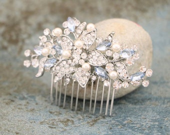 Gold Pearl Hair Comb, Rose Gold Wedding Crystal Vine Clip Navy Blue Boho Headpiece Light Sapphire Wedding hair clip Bridal hair accessories