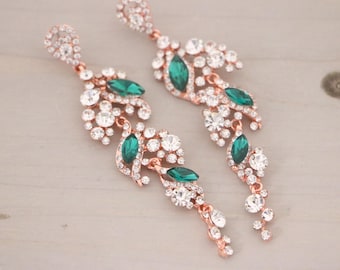 rose gold earrings wedding chandelier earrings Blue Navy Crystal Earrings Green Rhinestone Bridal earrings Royal blue dangle earrings Bridal