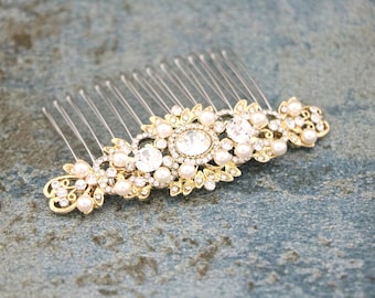 Gold Bridal Hair Comb: Rhinestone & Swarovski Pearl Wedding Piece Bridal hair accessories Rose gold Bridal hair clip Wedding hair comb Side