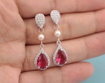 blue wedding earrings pearl and crystal Earrings Mother of the Bride Gift Earrings Pink Bridal earrings Rhinestone earrings Boho earrings CZ