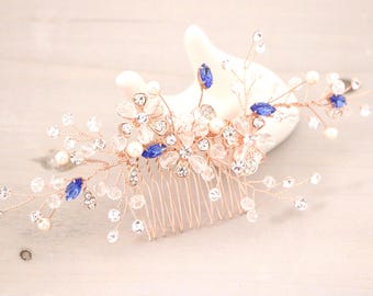 Pearl Wedding Hair Comb: Rhinestone Crystal, Blue Accent Sapphire Blue hair clip Wedding hair accessories Bridal hair piece Navy blue comb