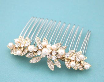 Gold Wedding hair piece Pearl drop Wedding earrings Rhinestone Wedding hair jewelry Bridal hair clip Wedding comb Crystal earrings Bridal