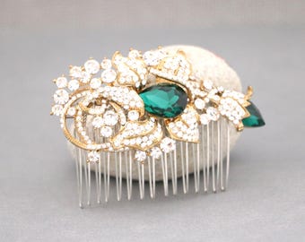 Emerald Crystal Bridal Hair Comb: Gold Flower Pearl Wedding Hairpiece Rose gold Navy blue hair comb Light Sapphire Bridal hair clip Wedding