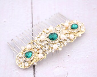 Emerald Green Bridal Hair Comb, Gold Leaf Rhinestone Wedding Hairpiece Crystal Wedding hair clip Bridal hair accessories Wedding hair comb