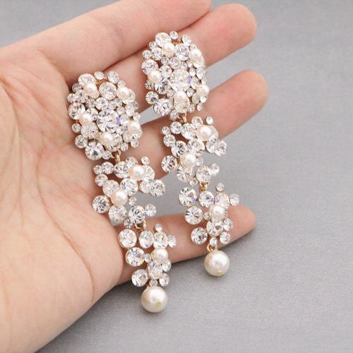 Orecchini da sposa in oro, orecchini da sposa a lampadario, orecchini pendenti lunghi, orecchini di cristallo, orecchini di perle Swarovski, gioielli da sposa, perle a goccia