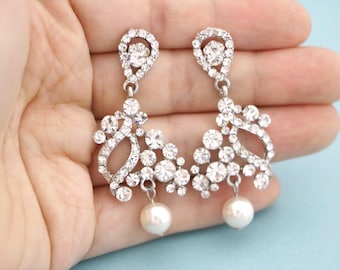 Wedding earrings Pearl drop Wedding jewelry earrings Silver Bridal earrings Rhinestone earrings Bridesmaid earrings Chandelier Earrings Gold