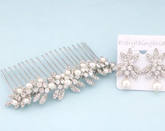 Pearl drop Wedding earrings with Wedding hair comb Gold veil comb Side bridal headpiece Wedding hair jewelry Bridal hair comb Rhinestone
