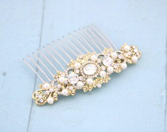 Bridal hair clip Gold veil comb Bridal hair accessories for bun Side bridal headpiece Wedding hair comb Rhinestone Wedding comb Pearl comb