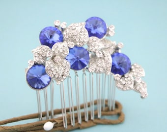 Crystal Bridal Hair Comb: Emerald Sapphire Blue Wedding Headpiece Rhinestone headpiece Silver Wedding hair clip Bridal navy blue hair comb