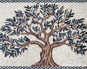 Handcrafted Olive Tree Mosaic Tile Art | Customizable Natural Stone Backsplash/Floor/Wall Decor | Indoor/Outdoor, Personalized Sizes&Colors