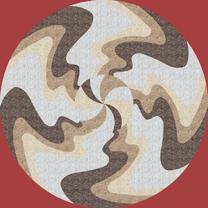 Op de afbeelding: Cirkelvormig abstract ontwerp met wervelende patronen in tinten bruin, beige en wit, tegen een rode achtergrond. Het ontwerp heeft een mozaïekachtige textuur, waardoor een uniek visueel effect ontstaat. De algehele esthetiek is modern en artistiek.