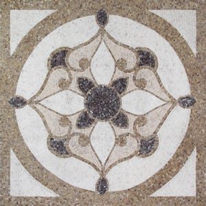 May include: A mosaic tile design featuring a central floral pattern in shades of gray, beige, and white. The design is enclosed within a circular border and a square frame, creating a symmetrical and decorative element.