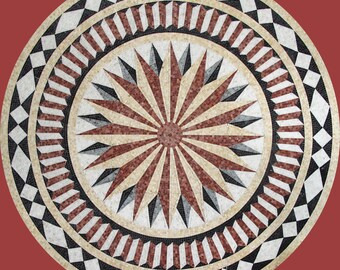 Handmade Marble Mosaic Circular Medallion | Radiant Starburst Pattern | Brown Beige Black White Floor Wall Art Tile