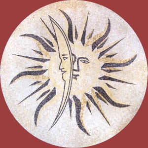 May include: Circular mosaic art piece depicting a sun and moon. The sun is yellow with black details and a face. The moon is a crescent shape, light yellow, and also has a face. The background is a mosaic of small, off-white tiles.