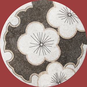 Handmade Customizable Marble Mosaic Circular Medallion | Vintage Floral & Scalloped Background Motif |  Floor Wall Art Tile