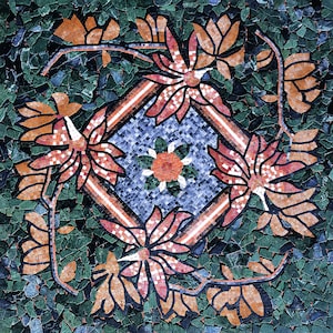 May include: A mosaic tile design with a central diamond shape and a floral pattern. The diamond is surrounded by orange and pink flowers and green leaves. The background is a mosaic of green tiles.