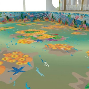 May include: A colorful, cartoon-style illustration of a pool interior. The pool features a vibrant underwater scene with coral, starfish, and various marine life. The walls are decorated with a similar aquatic theme, creating an immersive environment.