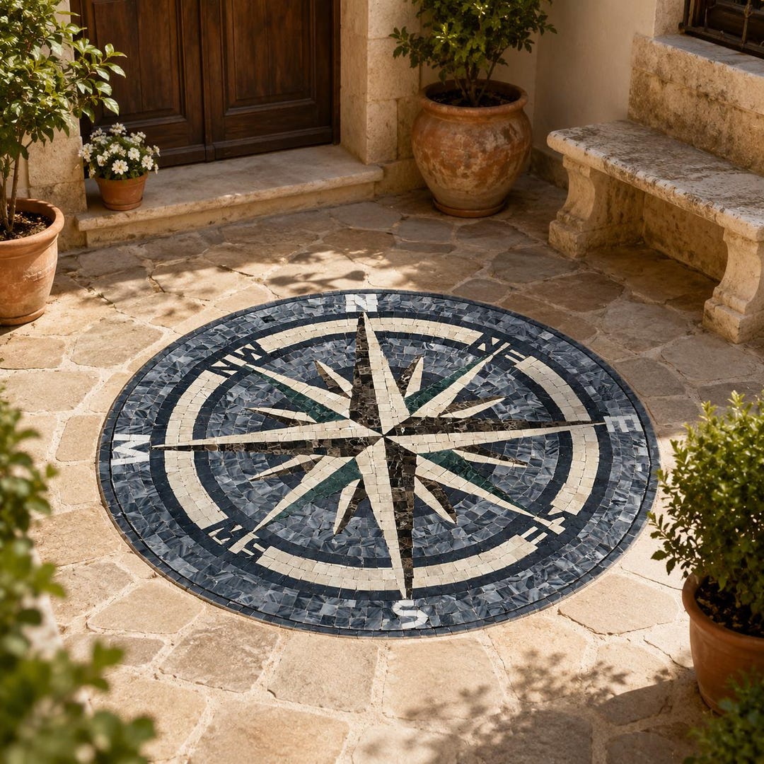 Customizable Compass Rose Natural Marble Stone Mosaic Medallion, Round ...