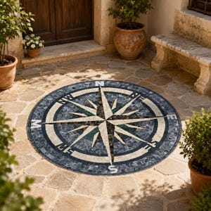 May include: A circular stone mosaic medallion featuring a compass rose design with a central star. The inlay consists of dark blue, grey, and cream-colored stone tiles. The cardinal directions N, S, E, and W are clearly marked in white stone.