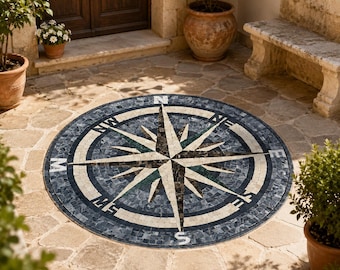 30in Customizable Compass Rose Natural Marble Stone Mosaic Medallion, Round Marble Nautical Floor & Wall Decor