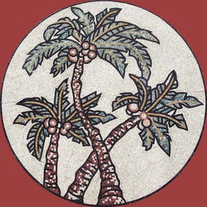 Handmade Customizable Marble Mosaic Circular Medallion | Tropical Palm Tree Motif | Beige Green Blue Rust Floor Wall Art Tile