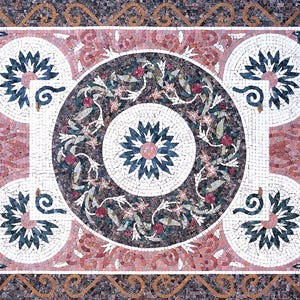 Handmade Marble Mosaic Square Medallion | Ornate Floral Scroll Pattern | Pink Blue Earth Tone Floor Wall Art Tile