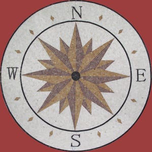 Peut inclure: Une rose des vents en mosaïque avec un motif central en forme d'étoile en nuances de marron et de beige. Les points cardinaux, N, E, S et W, sont clairement indiqués. La boussole est posée sur un fond blanc avec une bordure noire et un fond rouge.