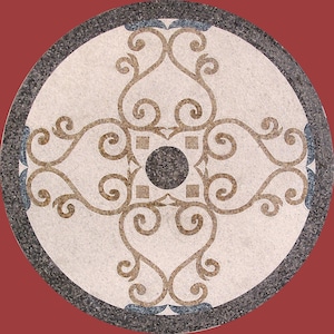 Handmade Customizable Marble Mosaic Circular Medallion | Symmetrical Scrollwork & Geometric Center Design | Floor/Wall Art Tile
