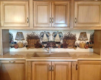 Handmade Super Fine Cut Marble Mosaic | Country-Style Angel & Berries Kitchen Backsplash | Custom Marble Mosaic Art